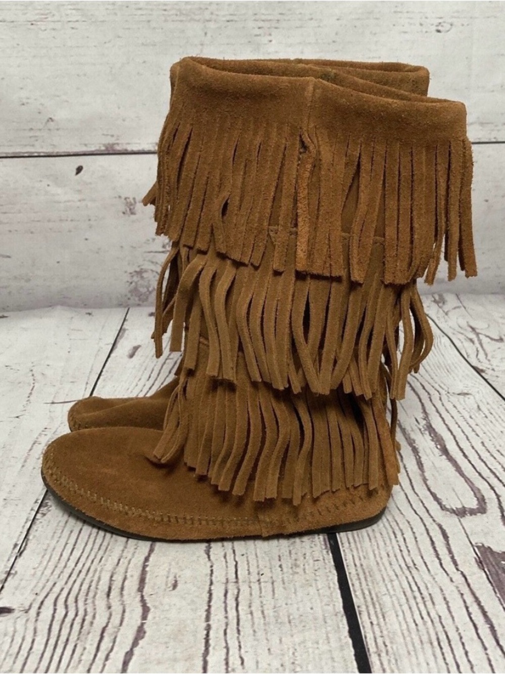 Minnetonka Boots Womens 8 Three Layer Fringe Tall Moccasin Festival Boho Pull On